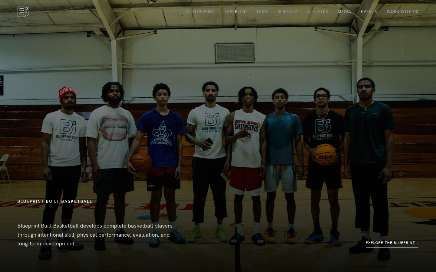 Blueprint Built Basketball website homepage showing a basketball team on a court